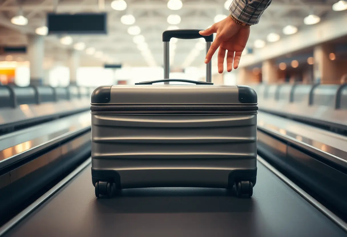 Une valise rectangulaire sur un tapis de bagages à l'aéroport, avec la main qui prend le poignet