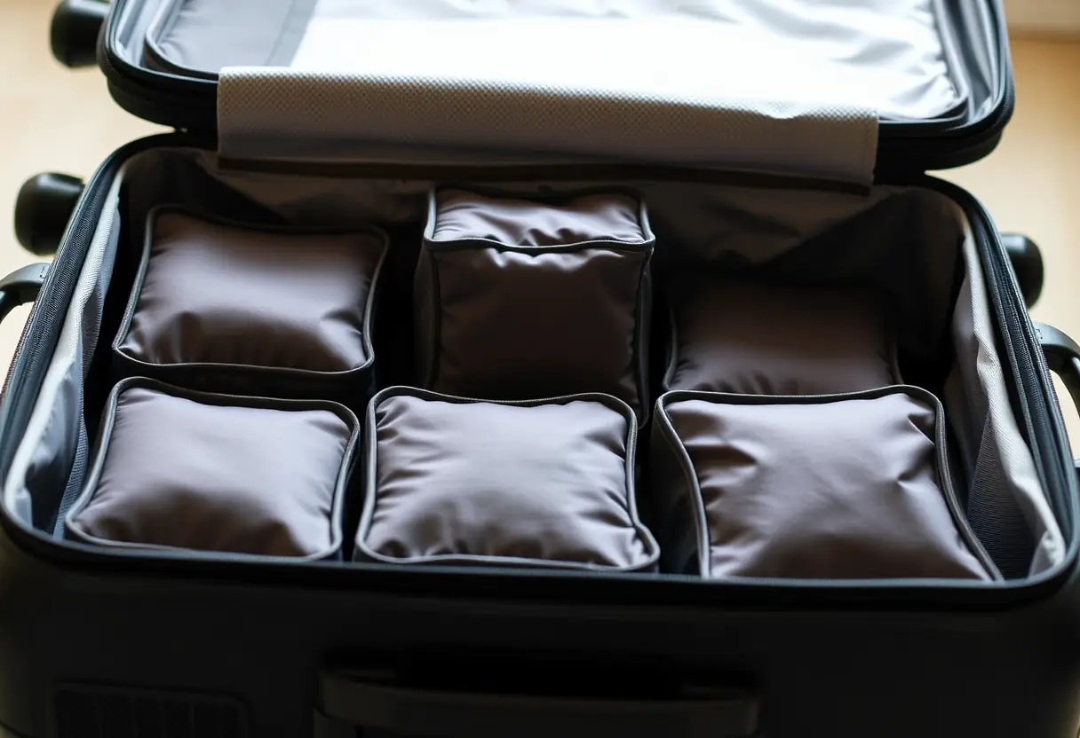 Des cubes de rangement carrés organisés à l'intérieur d'une valise ouverte à l'aéroport, montrant l'organisation des bagages
