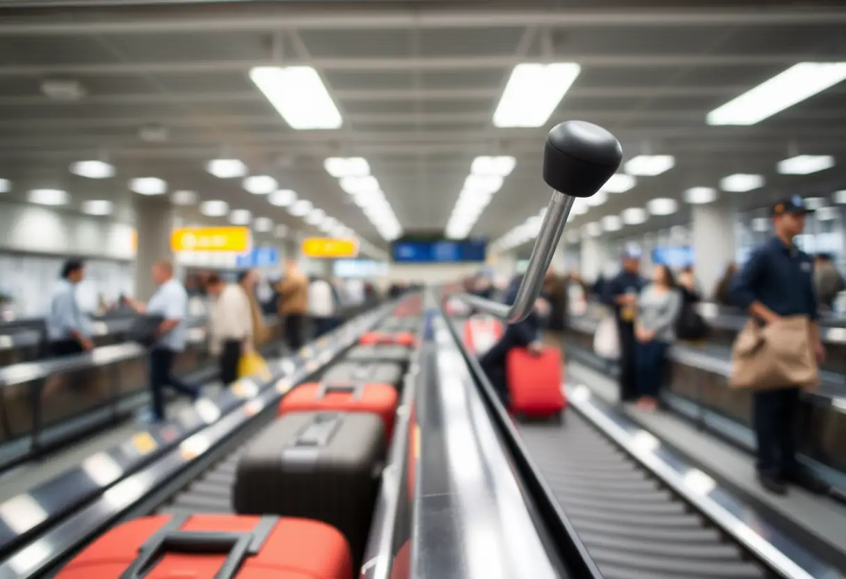 Un bouton de poignée télescopique sur un tapis de bagages à l'aéroport