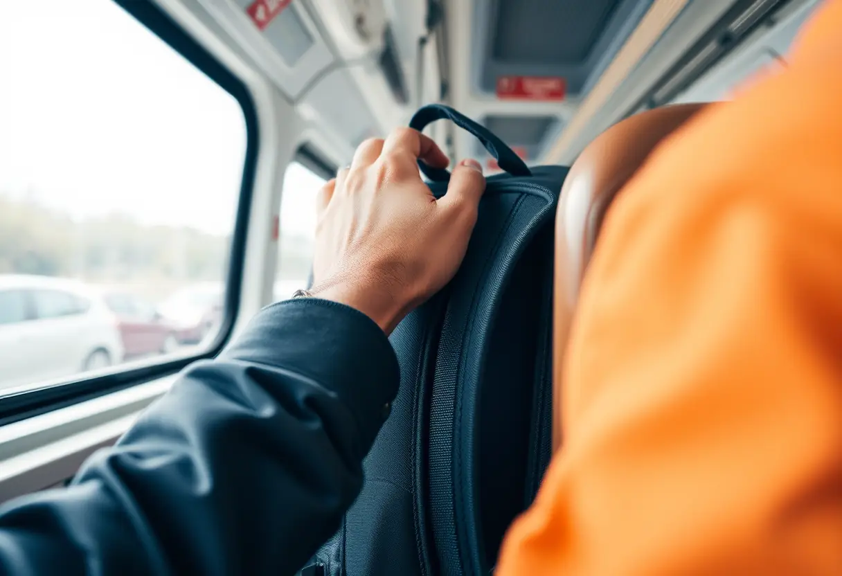 La main d'un voyageur ajuste les bretelles d'un sac à dos accroché à une barre de porte de train