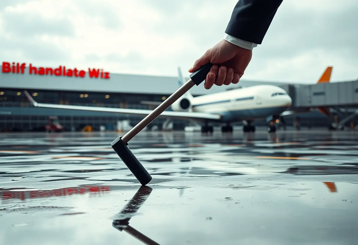 Une poignée télescopique étendue, la main d'un passager la tire sur une piste d'aéroport mouillée, les flaques reflétant le bâtiment du terminal