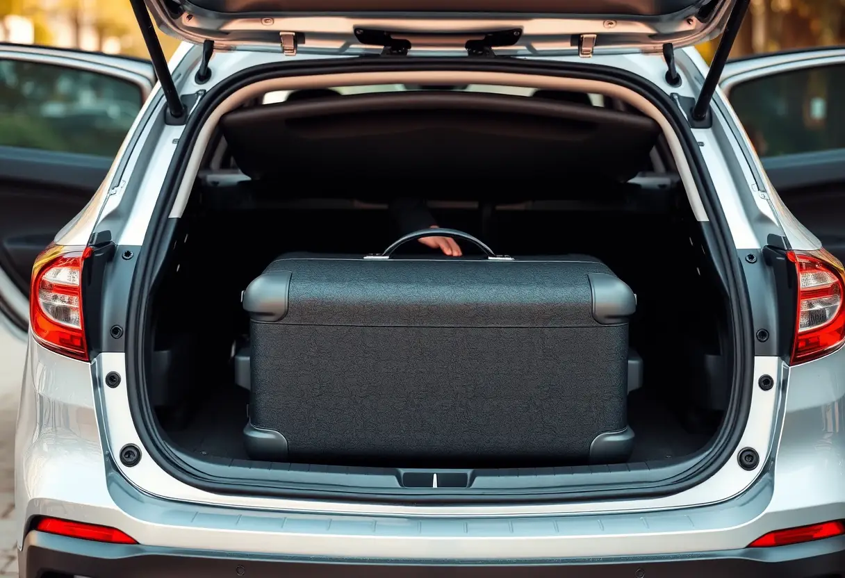 Une main introduisant une valise souple dans le coffre arrière d'une voiture