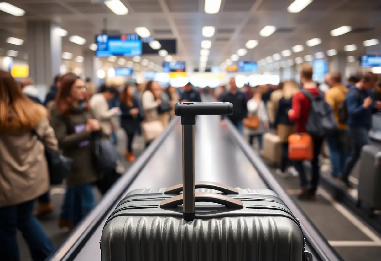 Une poignée télescopique qui sort d'une valise moyenne sur un tapis de bagages d'aéroport bondé