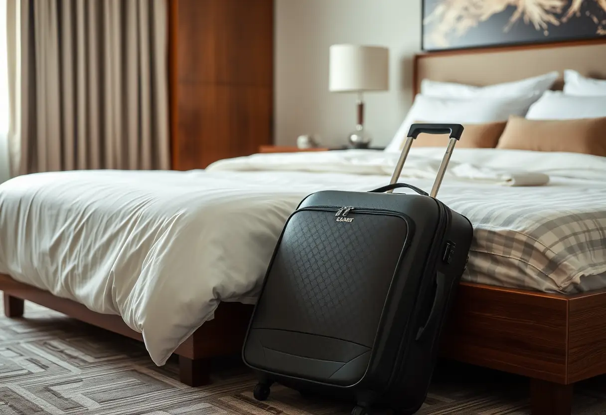 Une valise souple entièrement remplie reposant sur le plancher de la chambre d'hôtel près du lit