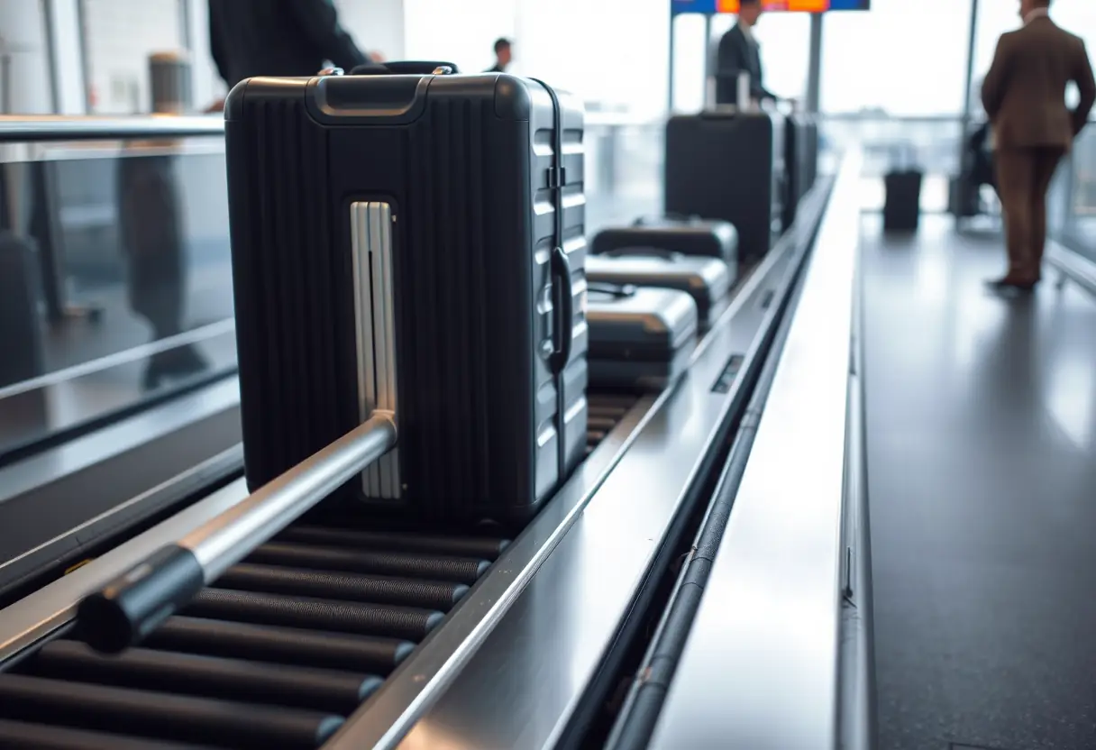 Une poignée télescopique sortie d'une valise rectangulaire posée sur le tapis de tri des bagages à l'entrée de l'aéroport