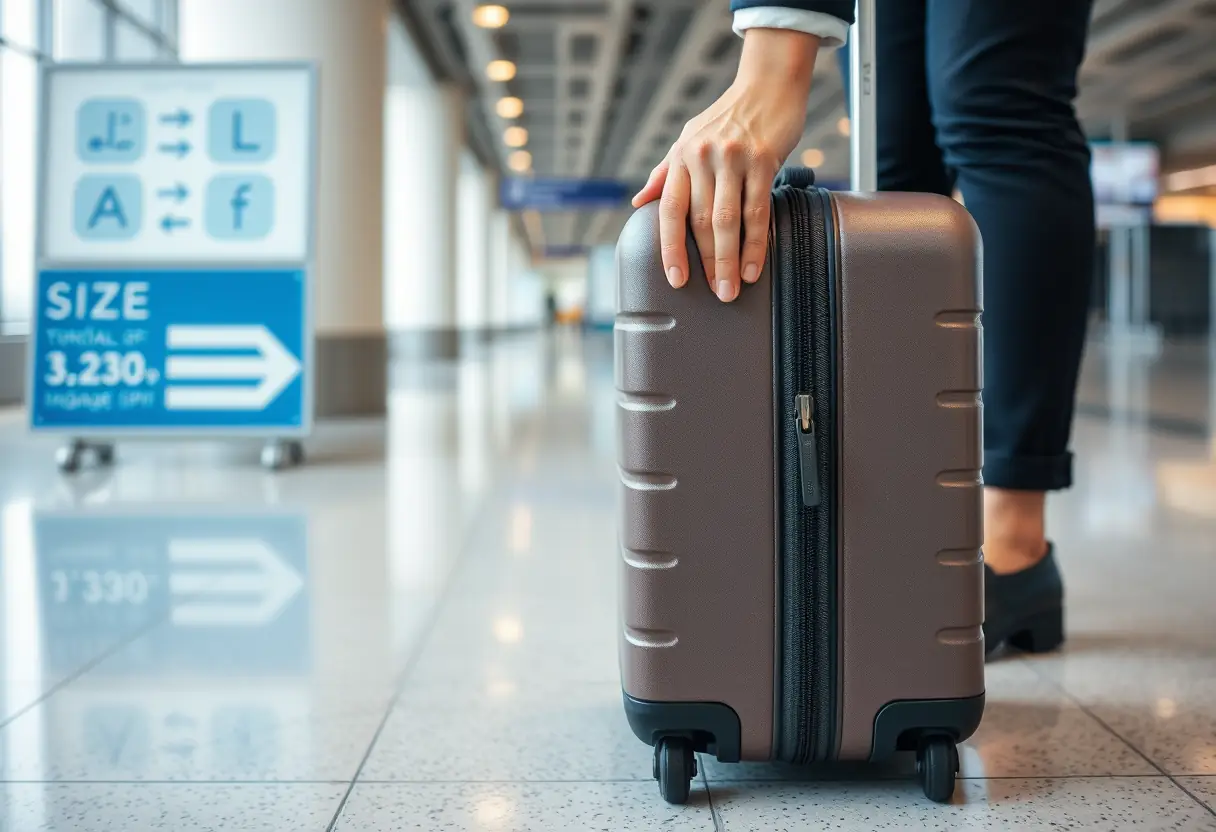 Une main refermant la fermeture éclair d'une valise rectangulaire posée sur le sol de l'aéroport, près d'un panneau indiquant les dimensions autorisées des bagages