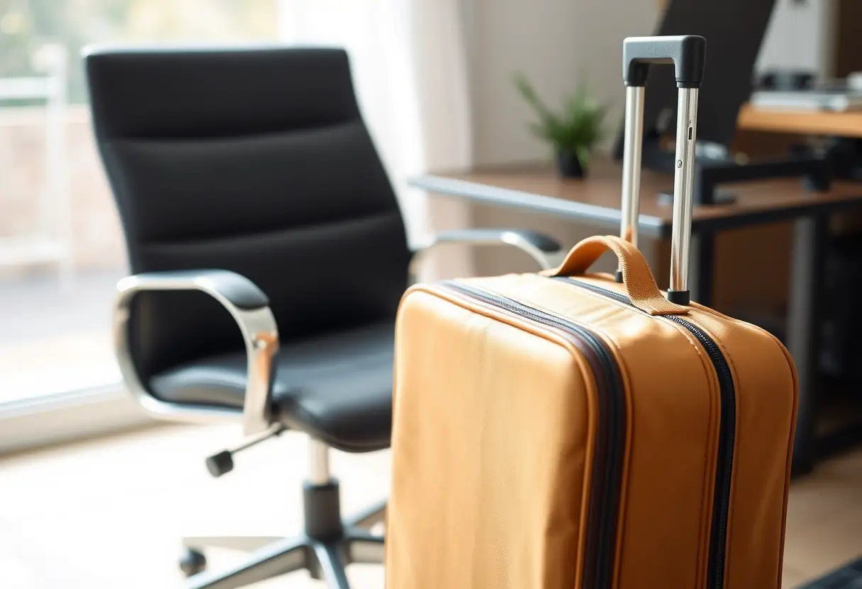 Un poignet télescopique qui dépasse d'une valise de voyage posée près d'une chaise de bureau dans un bureau à la maison
