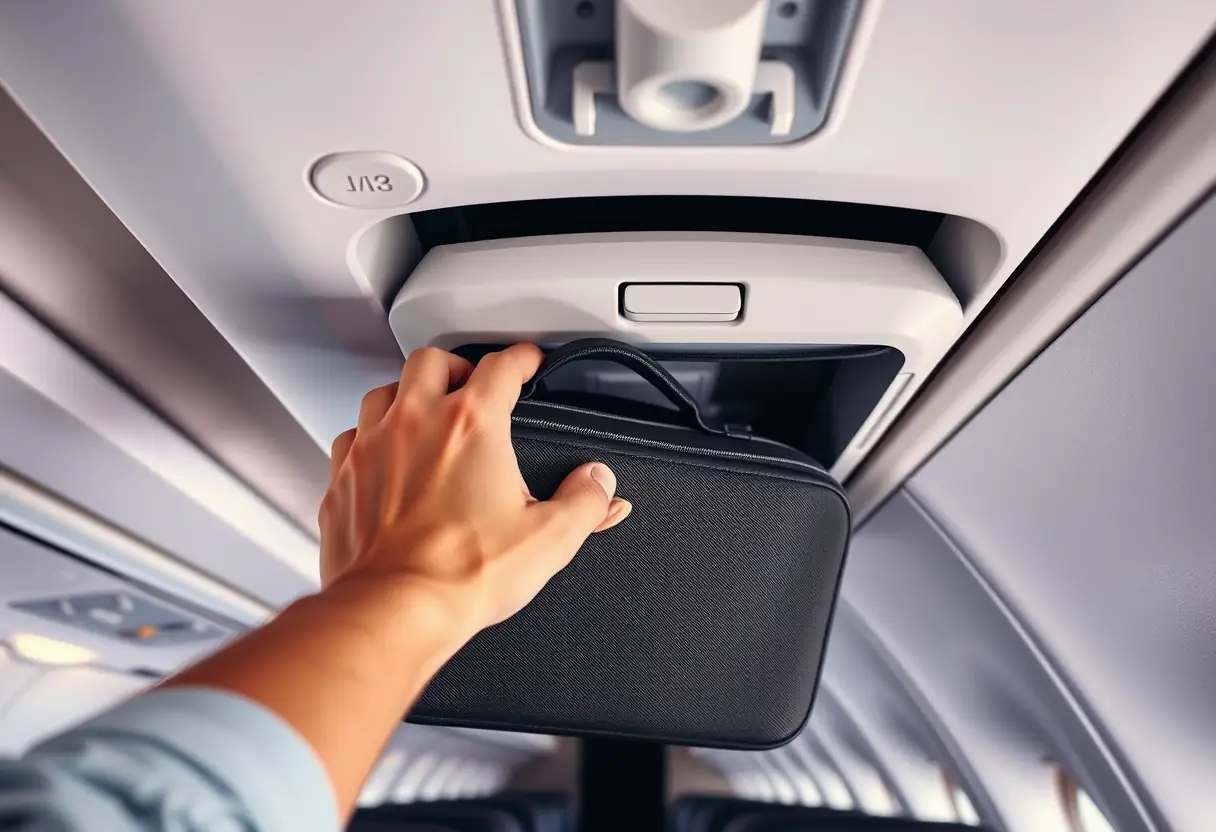 Une main qui glisse une valise de taille réduite dans un compartiment au-dessus des sièges dans l'allée d'un avion
