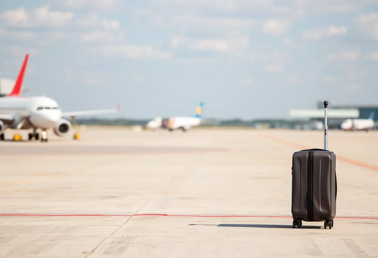 Un bouton de poignée télescopique sur le côté d'une valise cabine posée sur l'aéroport