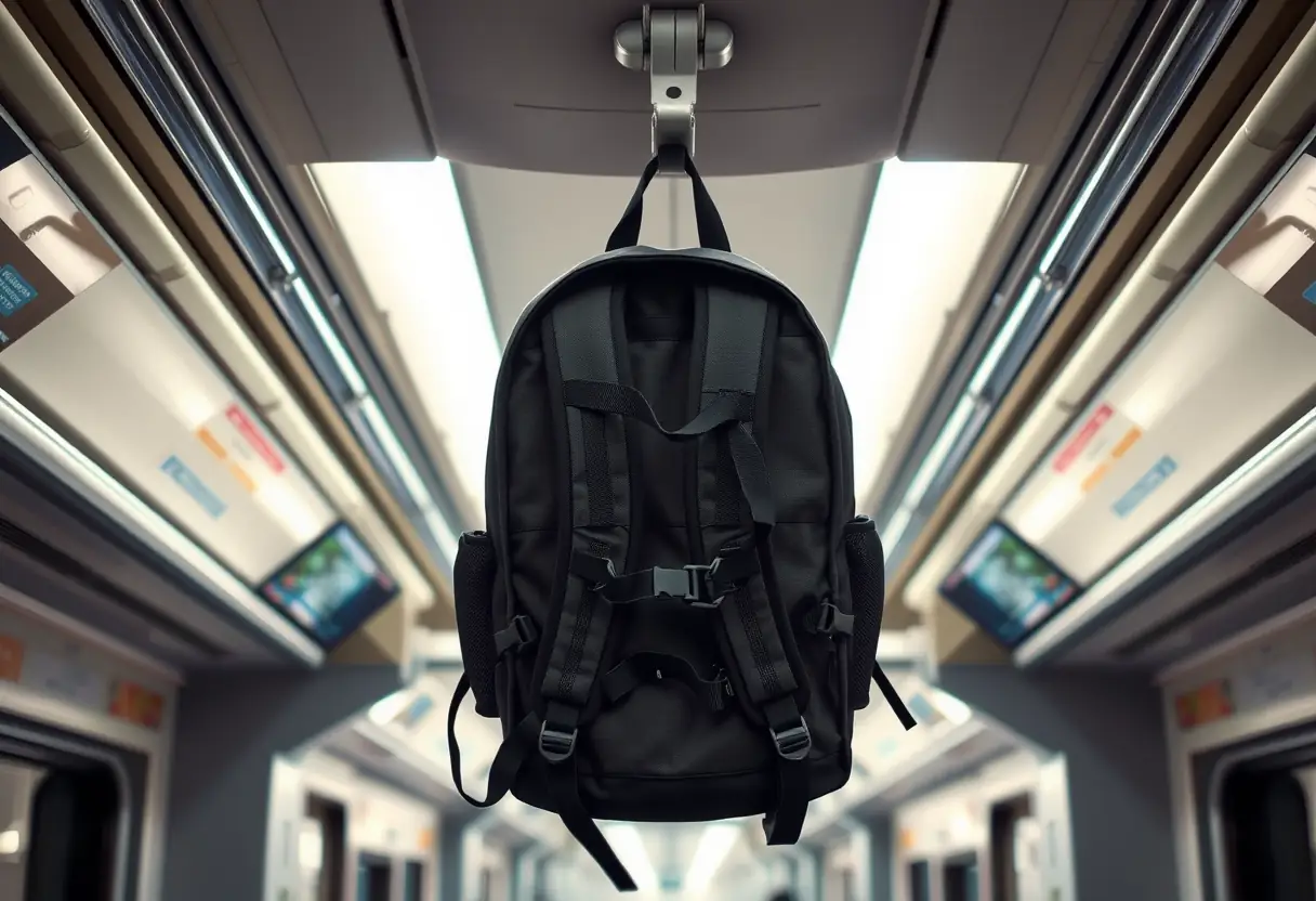 Un sac à dos suspendu sur une barre de porte dans un train, vu du dessous, montrant l'arrangement des compartiments internes et des sangles