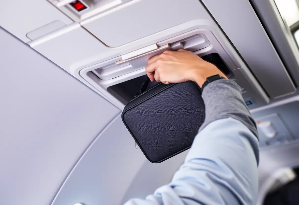 Une main introduisant un sac de voyage moyen en soute supérieure dans un avion