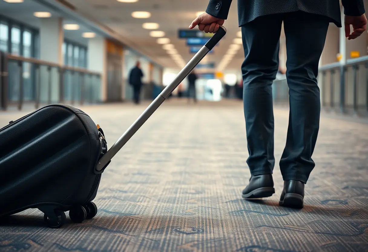 Une main tire le bouton de la poignée télescopique d'une valise cabine roulant sur un tapis de moquette à l'aéroport
