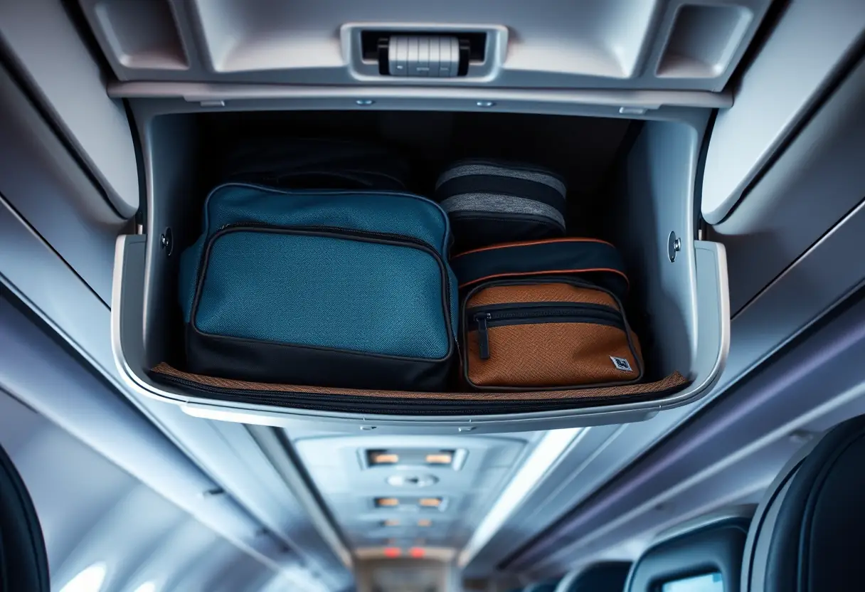 Des valises cabines empilées avec soin dans un compartiment de soute au plafond d'une cabine d'avion, vue depuis en dessous