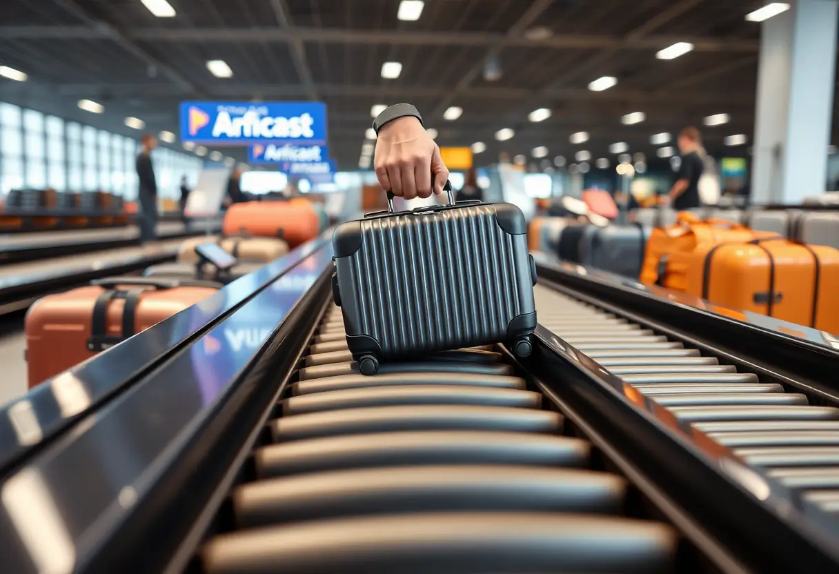 Une main posant une plus petite valise carrée sur un tapis de transport à un comptoir d'enregistrement d'aéroport, parmi d'autres bagages en cours de traitement
