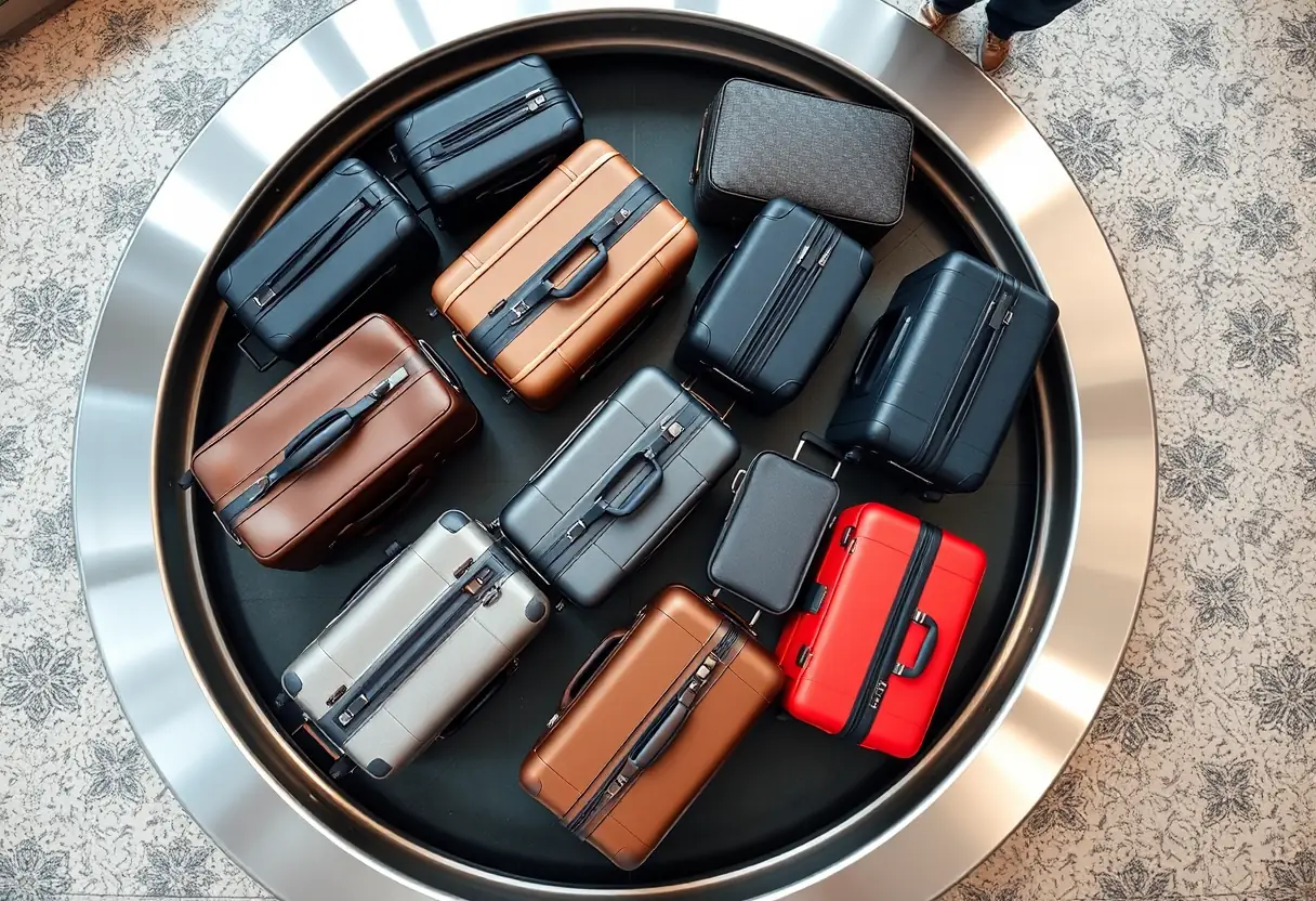 Vue aérienne de plusieurs valises disposées en rangs nets sur un tapis de bagages dans un terminal aéroportuaire, montrant diverses tailles et formes de bagages