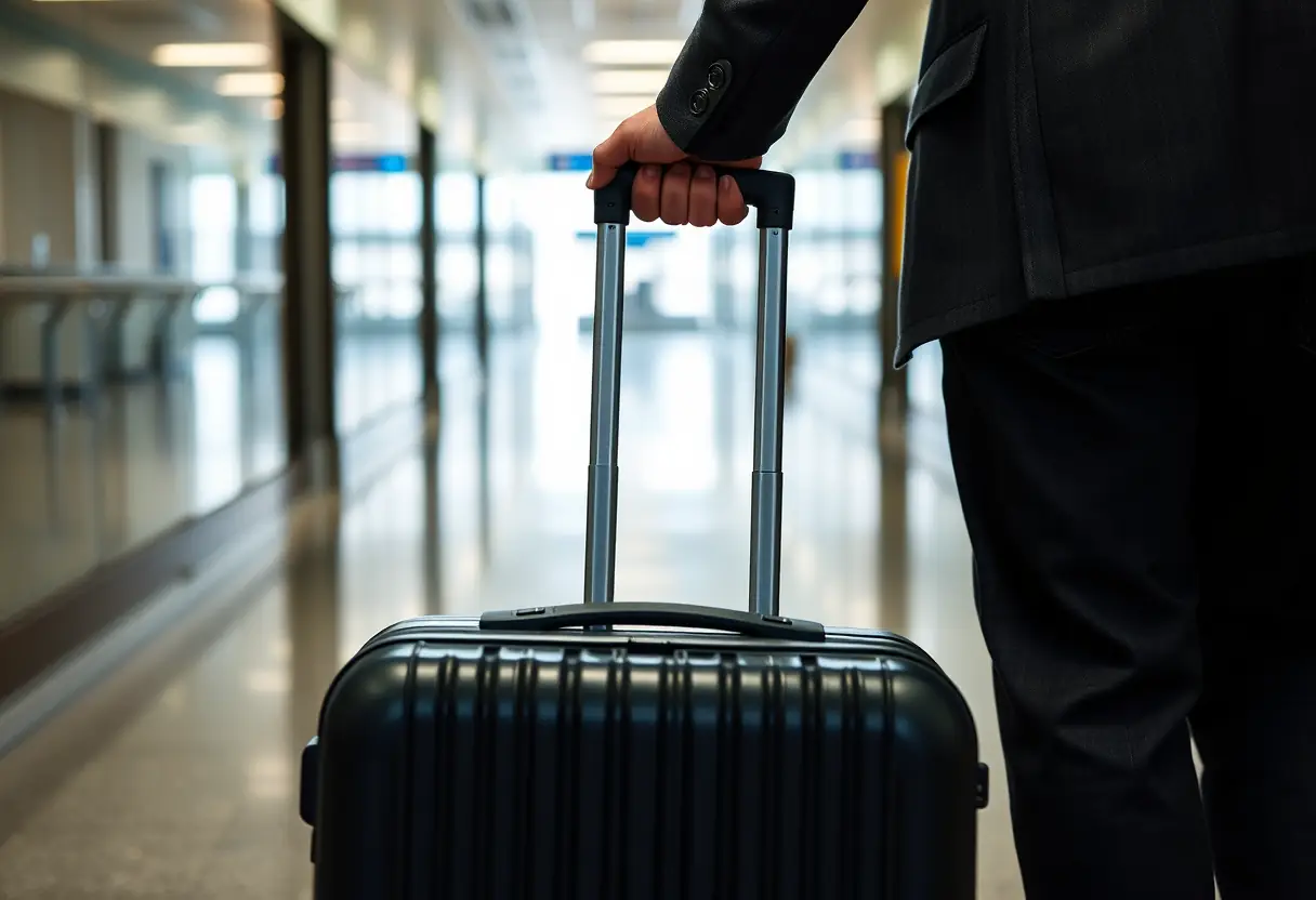 Une main tire la poignée télescopique d'une valise moyenne le long d'un couloir d'aéroport