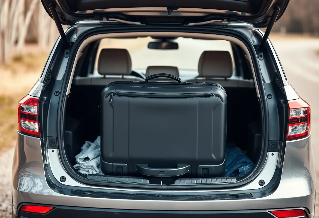 Une valise moyenne rangée dans le coffre d'une voiture, contenant des vêtements pliés à l'intérieur, prête pour partir