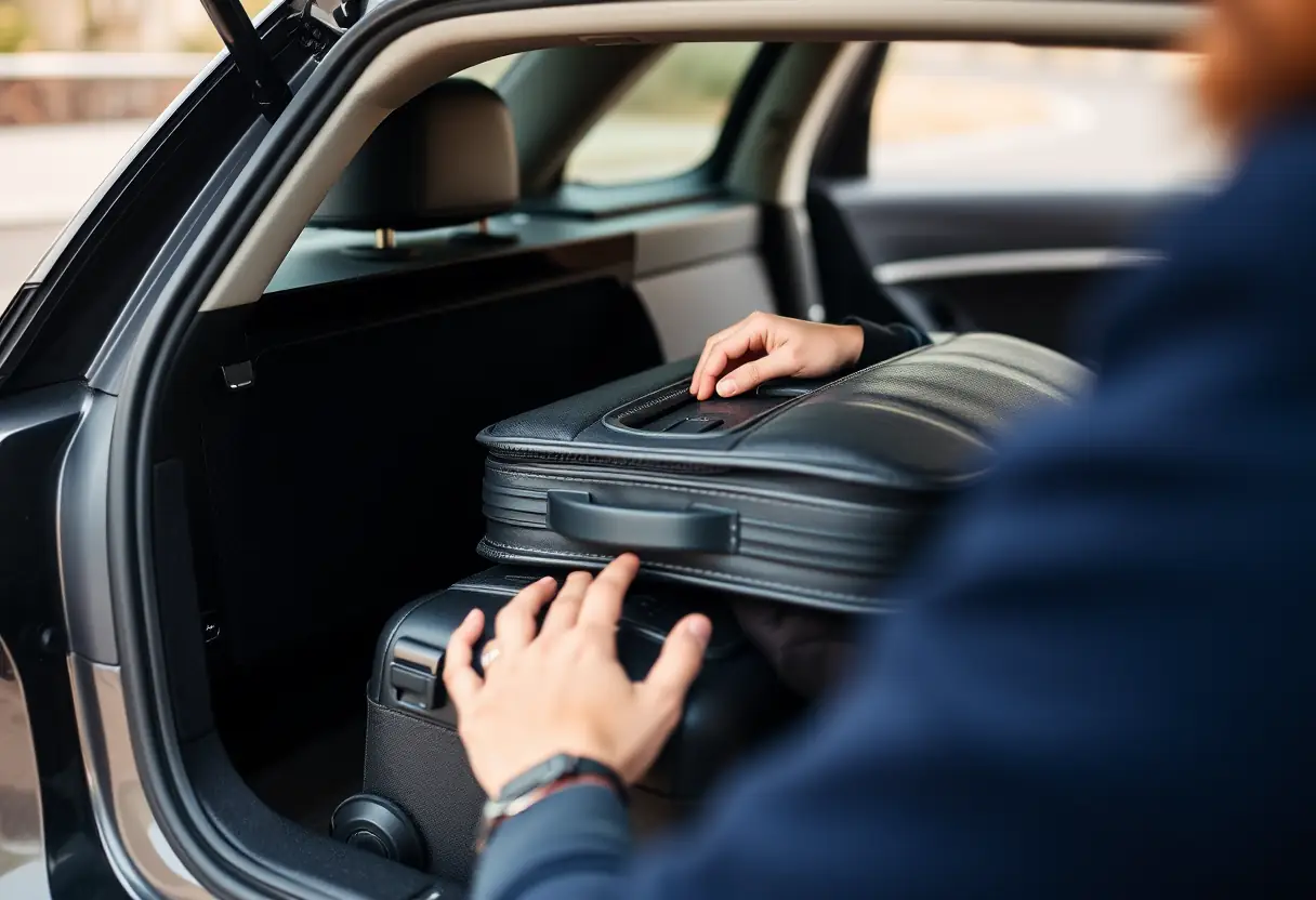 Une valise à compartiments posée dans le coffre d'une voiture, la porte du conducteur légèrement ouverte, une main s'activant à sécuriser la fermeture