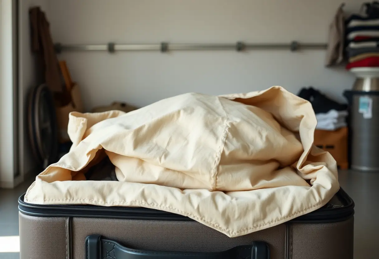 Un grand sac en toile rempli de vêtements pliés posé sur le couvercle d'une valise, dans un garage familial