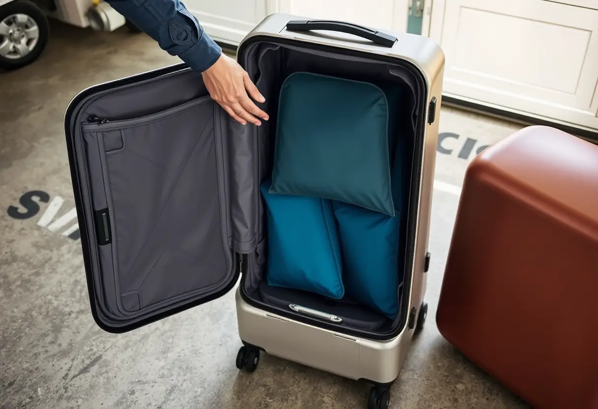 Une main ajustant la poignée télescopique d'une valise rigide dont le couvercle est ouvert, révélant des cubes de rangement, sur le sol d'un garage
