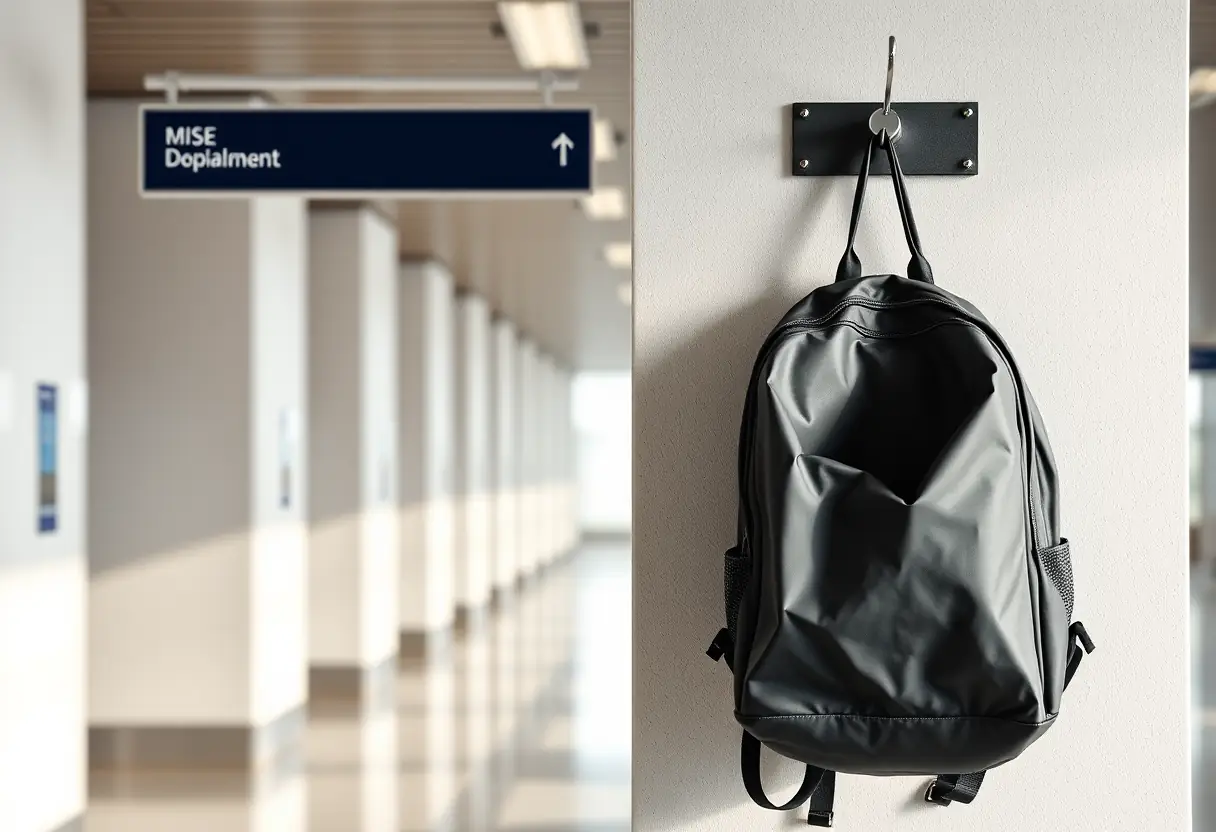 Un sac à dos souple fermé accroché à un porte-manteau dans un terminal d'aéroport