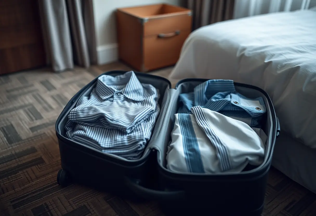 Des vêtements pliés avec soin à l'intérieur d'une valise ouverte sur le sol d'une chambre d'hôtel, prêts pour le voyage