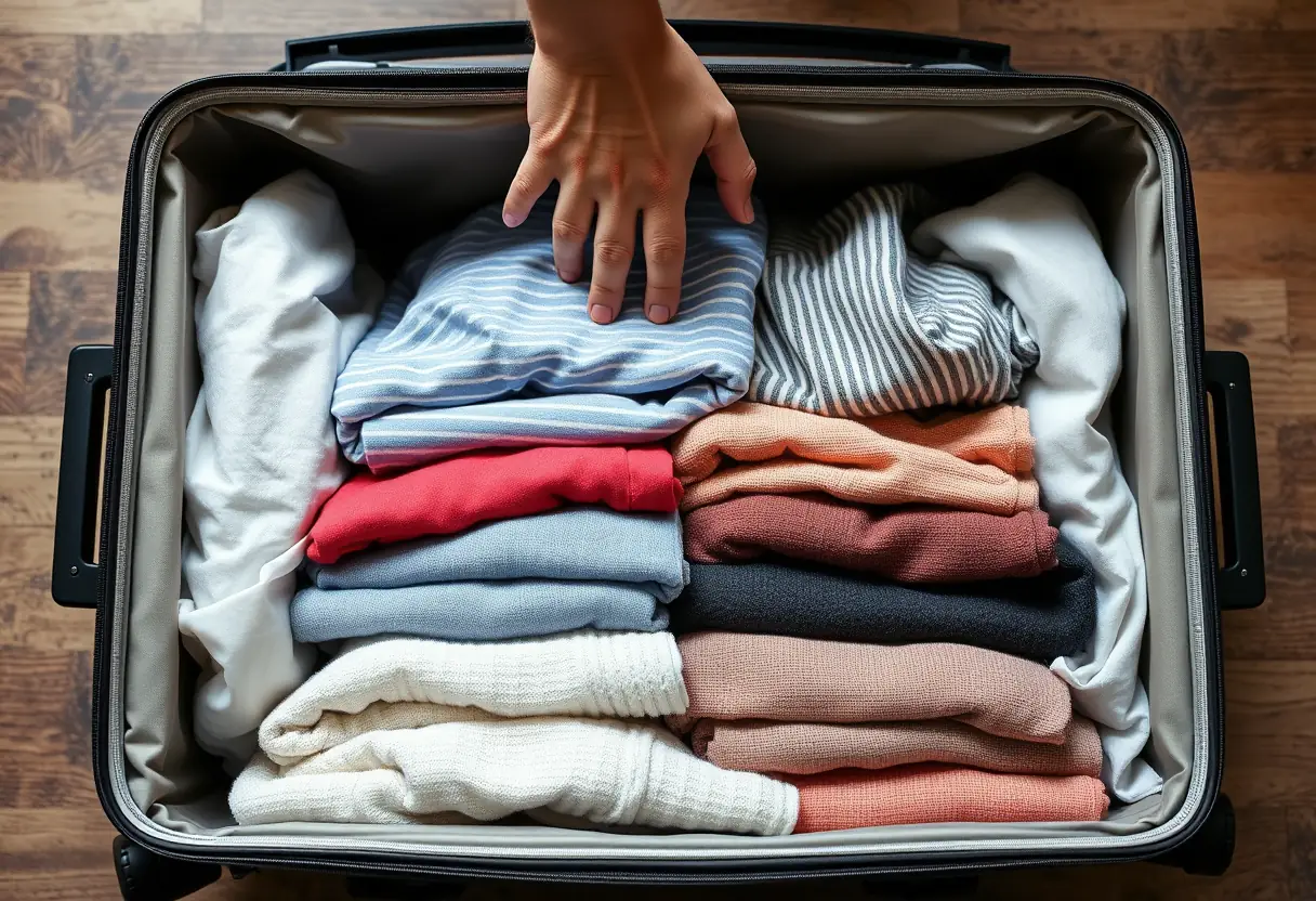 La main qui plonge dans la grande valise rectangulaire ouverte, remplie de vêtements soigneusement pliés