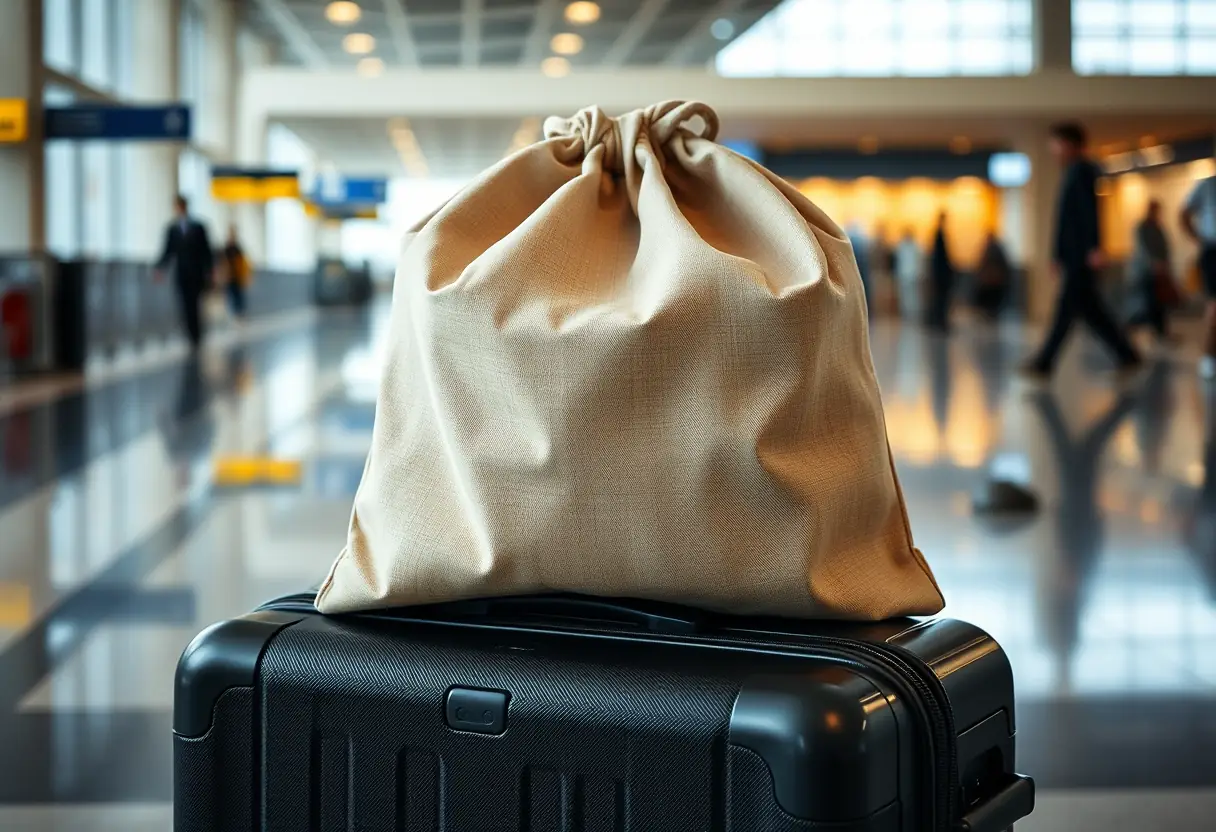 Un sac de voyage en toile fermé posé au-dessus d'une valise vérifiée dans un hall d'aéroport