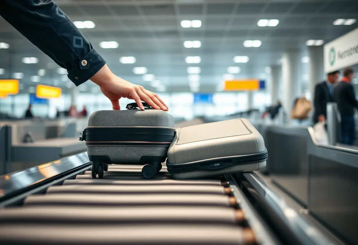 Une main posant une valise molletonnée sur un tapis de triage à la caisse de check-in à l'aéroport