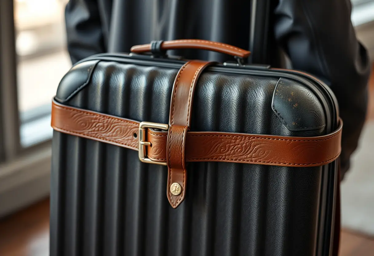 Une ceinture en cuir nouée autour d'une valise moyenne pour la sécuriser pendant le transport