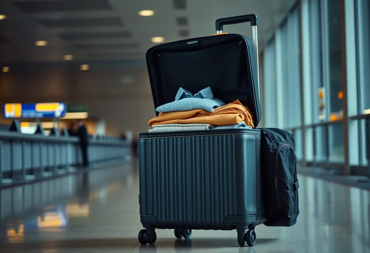 Une valise roulante grande ouverte sur ses vêtements pliés, posée dans un couloir sombre près d'un comptoir d'enregistrement