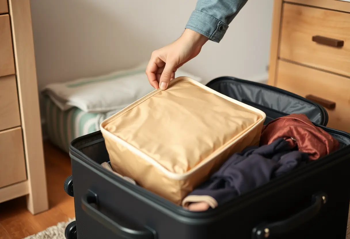 Une main insérant un cube de rangement rectangulaire dans une valise plus grande déjà mi-remplie, à côté d'une commode dans un intérieur