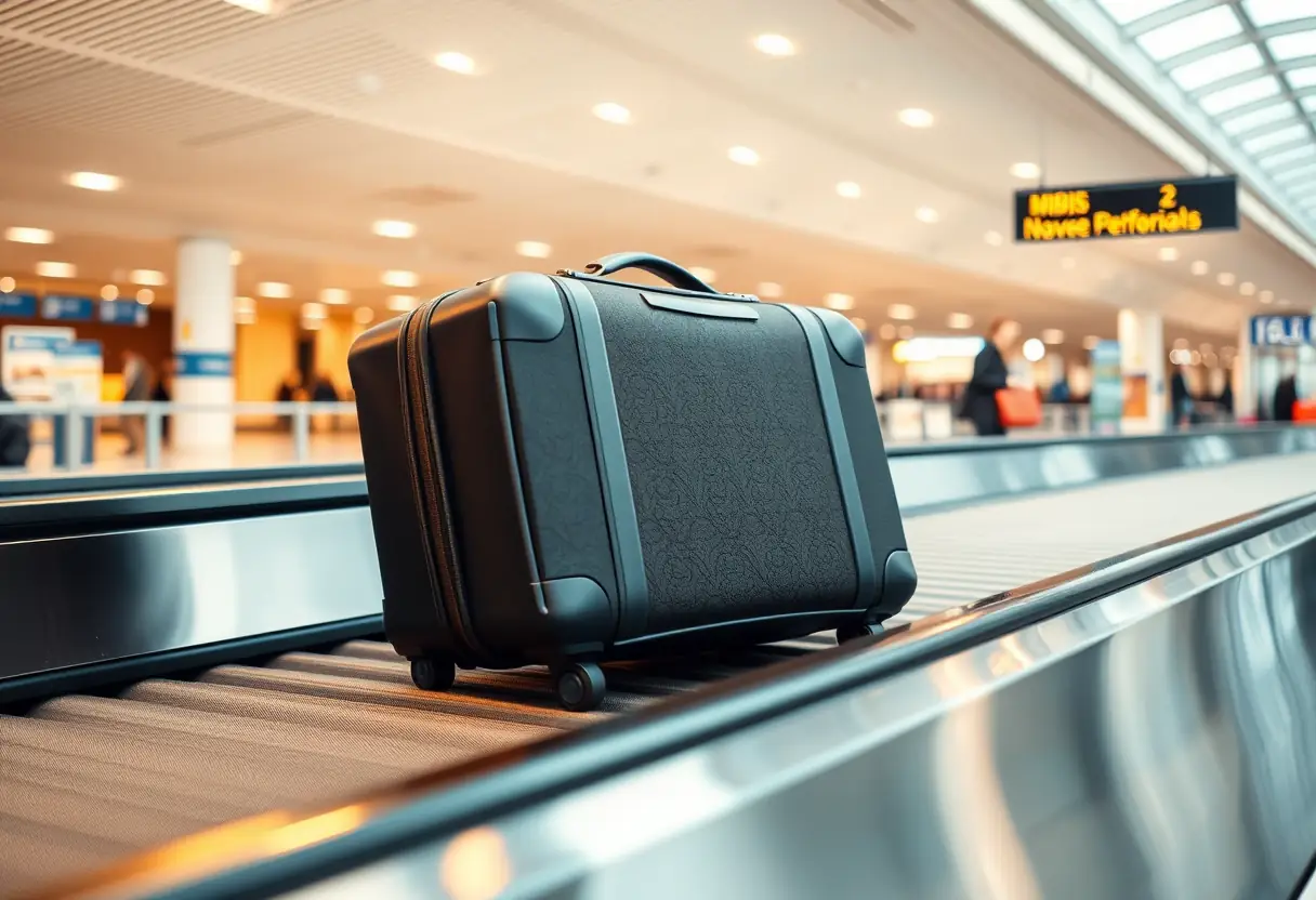 Une valise posée sur un tapis transporte d'aéroport, où elle est déplacée parmi d'autres bagages