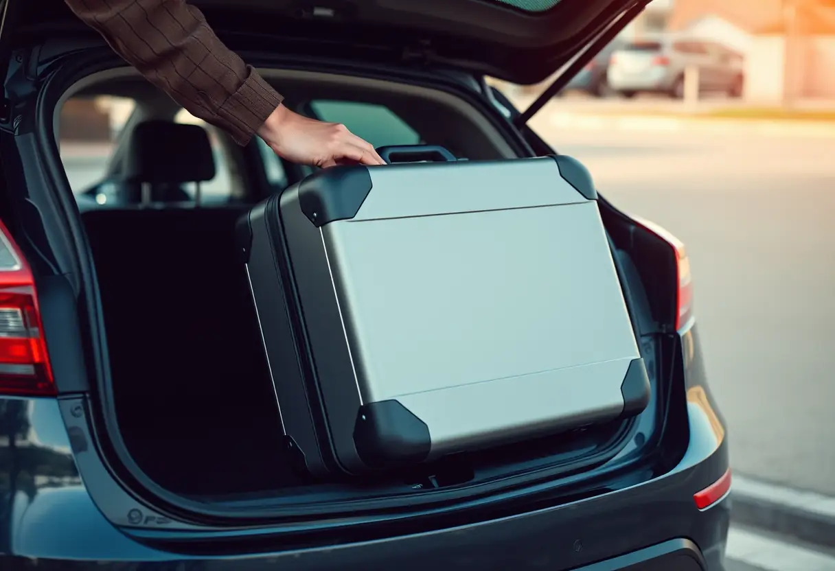 Une main pose une valise rectangulaire dans le coffre d'une voiture garée