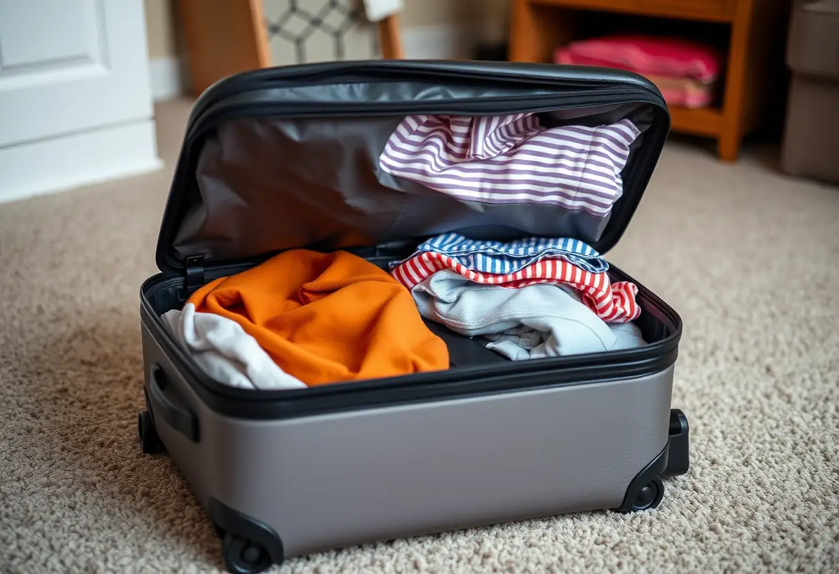 Une valise roulante grande ouverte à peine, révélant des vêtements pliés avec soin à l'intérieur, posée sur un plancher moquetté chez soi