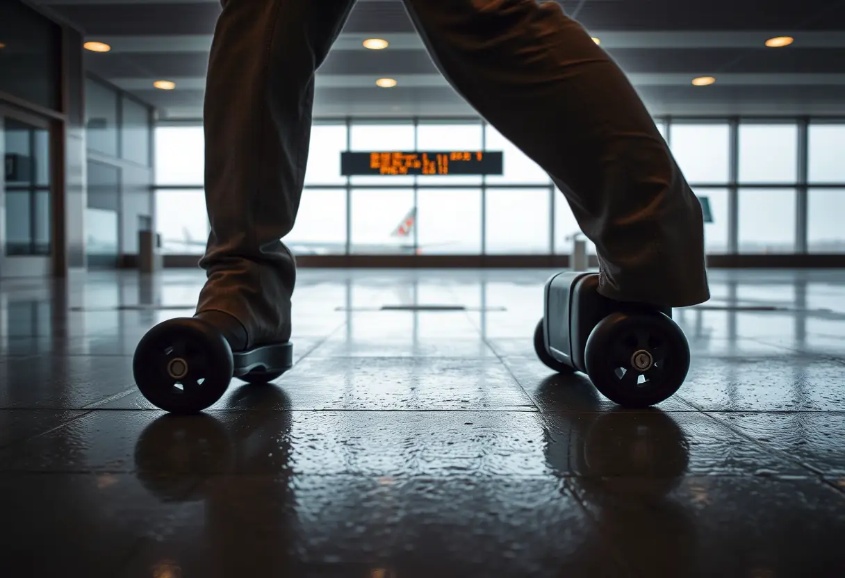 Des roues de valise laissant des marques sur le goudron mouillé au comptoir de départ de l'aéroport