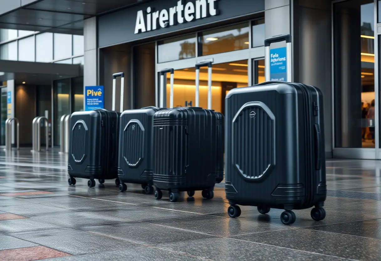 Des roues de valise tournent sur un trottoir mouillé devant l'entrée d'un aéroport