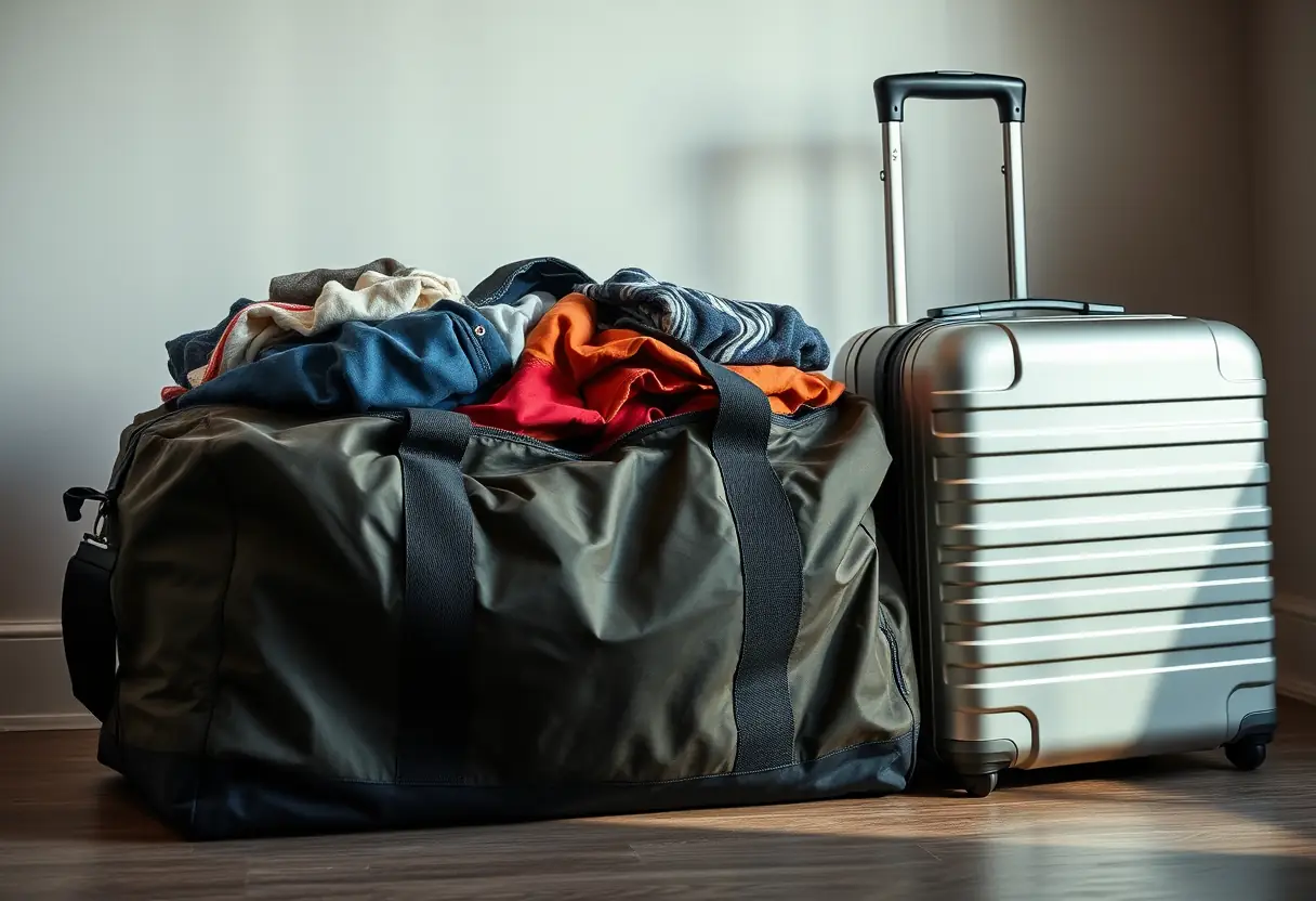 Un grand sac de sport rempli de vêtements posé à côté d'une valise rigide