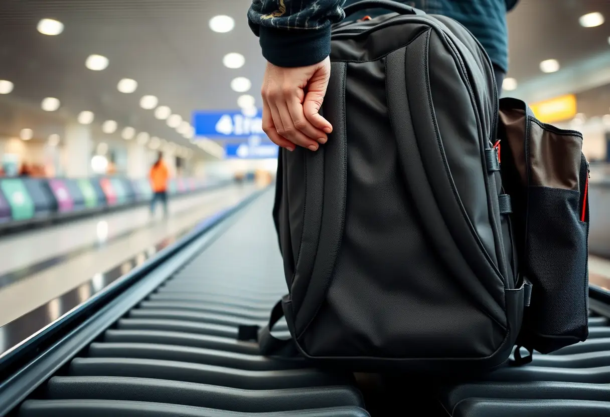 La main d'un voyageur ajustant les sangles d'un sac à dos qui repose sur un tapis de bagages