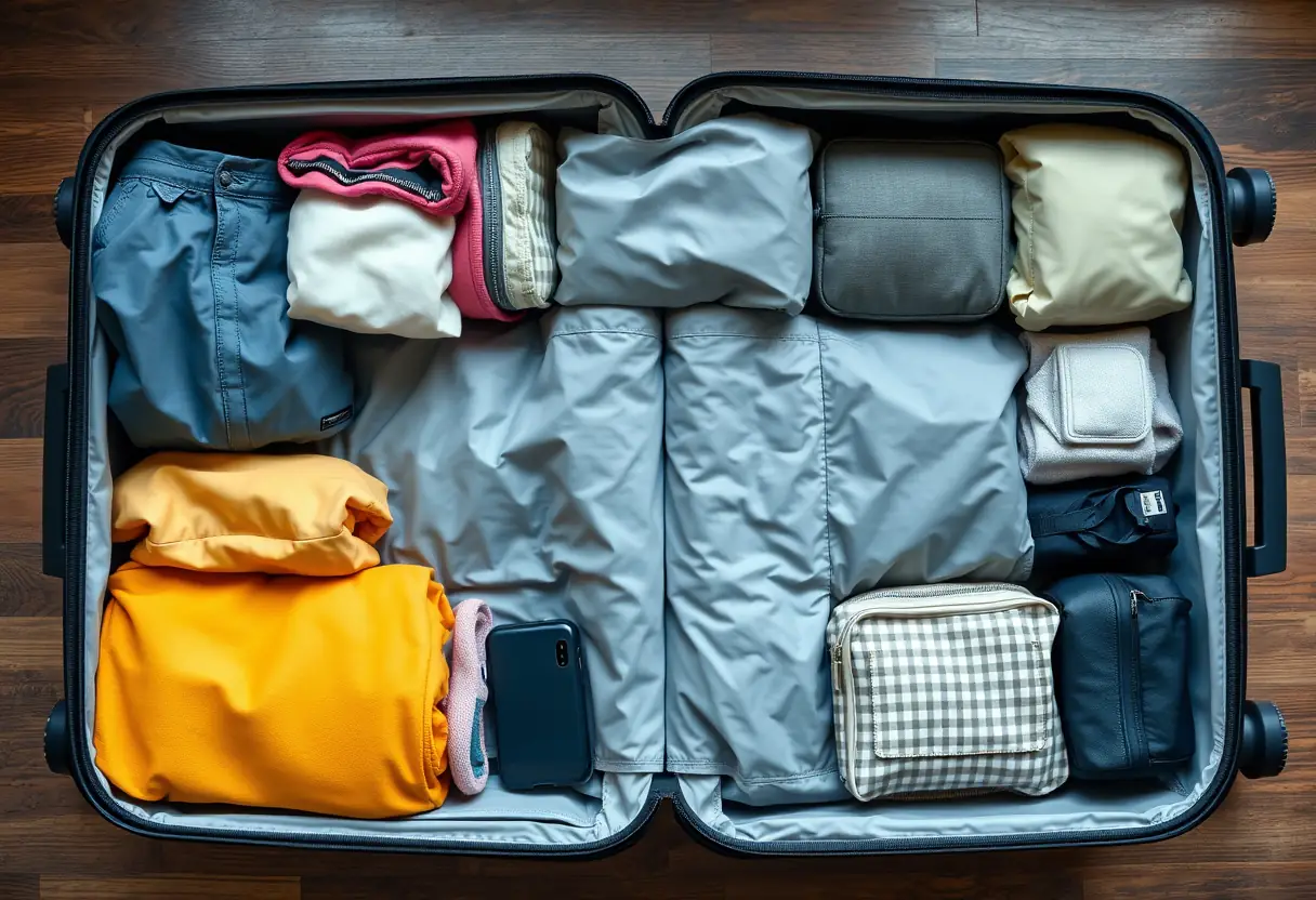 Un grand sac à roulettes couché, ses contenus répartis dans des cubes de rangement