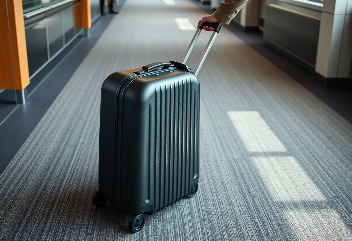 Une main tenant la poignée télescopique d'un sac à dos qui roule sur un tapis d'aéroport