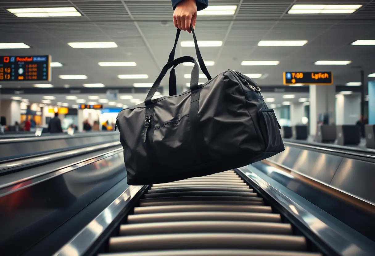 Un grand sac de sport est soulevé par une personne pour être placé sur un tapis transporte à l'aéroport.