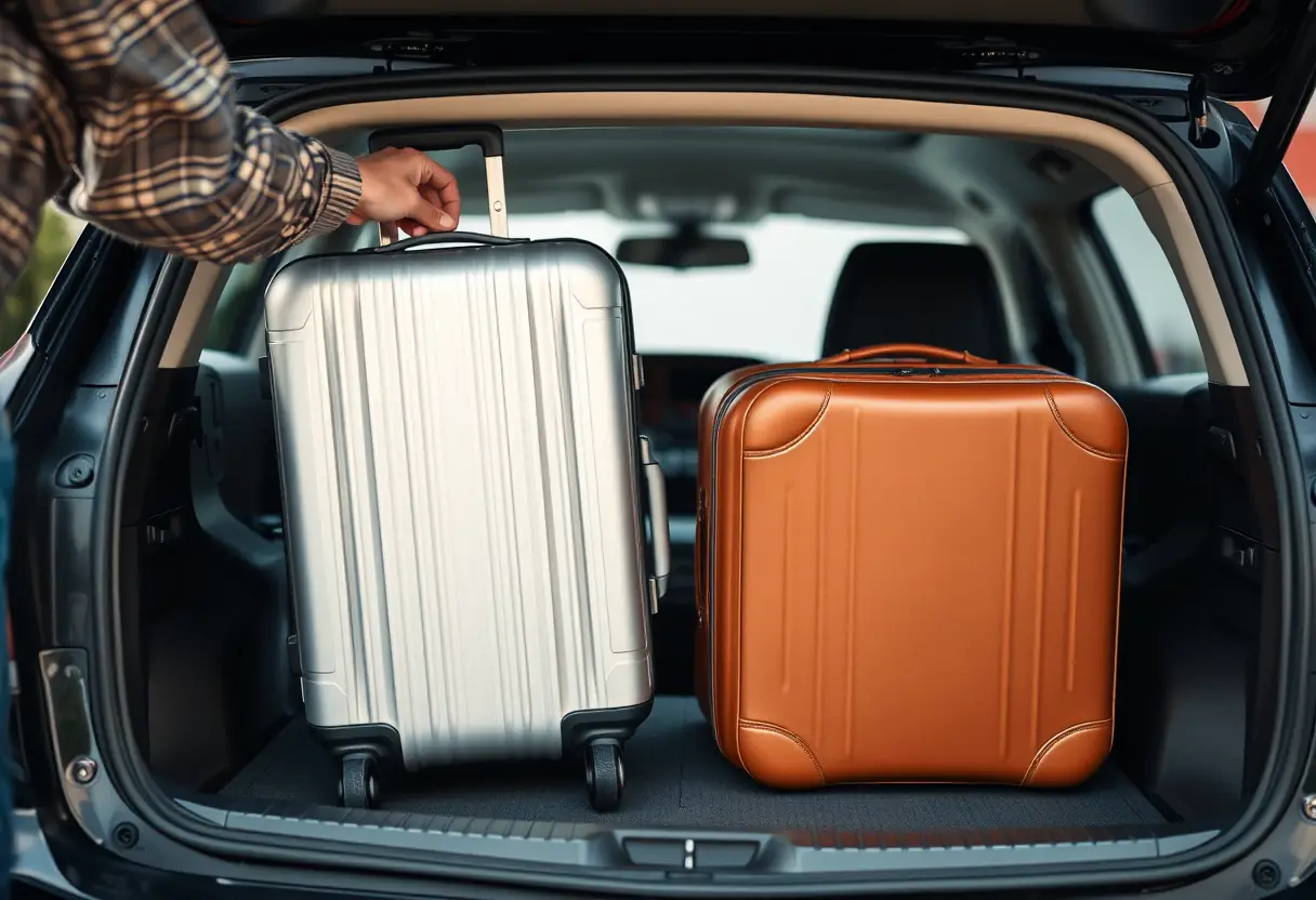 Une personne place un deuxième valise dans le coffre arrière d'une voiture à côté d'une valise déjà emballée.