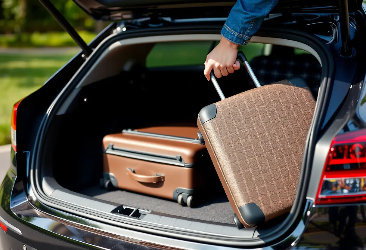 Une main place une valise dans le coffre d'une voiture, ce dernier étant partiellement ouvert, révélant une intérieur soigneusement rangé