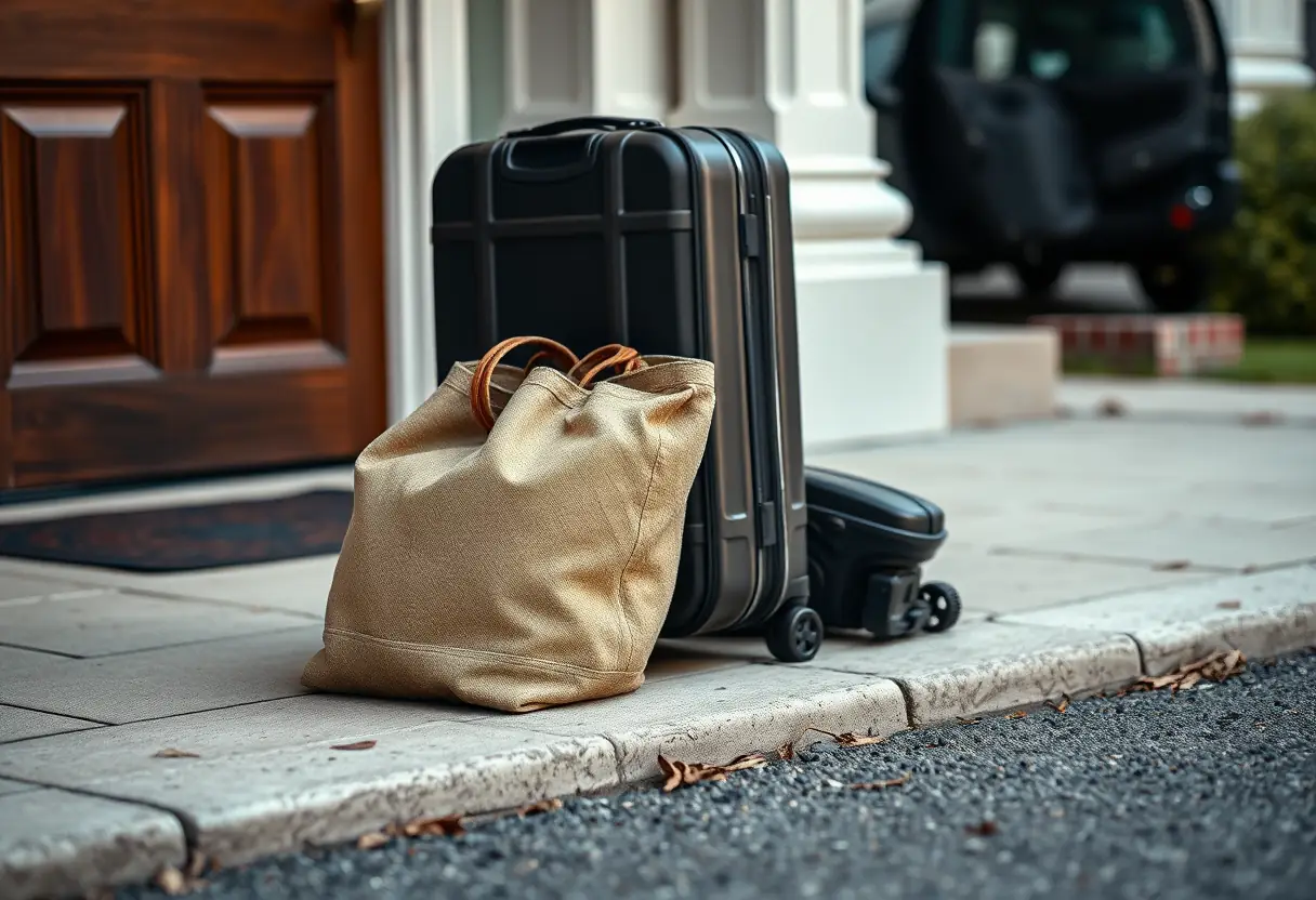 Un sac en tissu fermé reposant à côté d'une valise, toutes deux placées sur le trottoir devant une maison, prêtes à être chargées dans un véhicule
