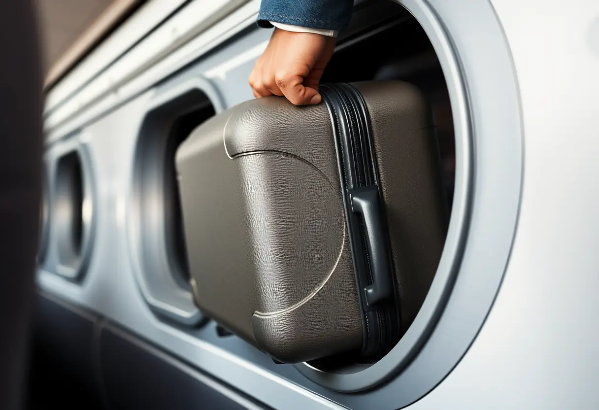 La main d'un voyageur qui introduit une valise rectangulaire dans la soute de l'avion