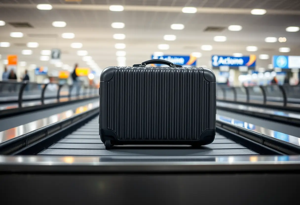 Une valise rectangulaire posée sur le tapis de convoyeur au guichet des bagages