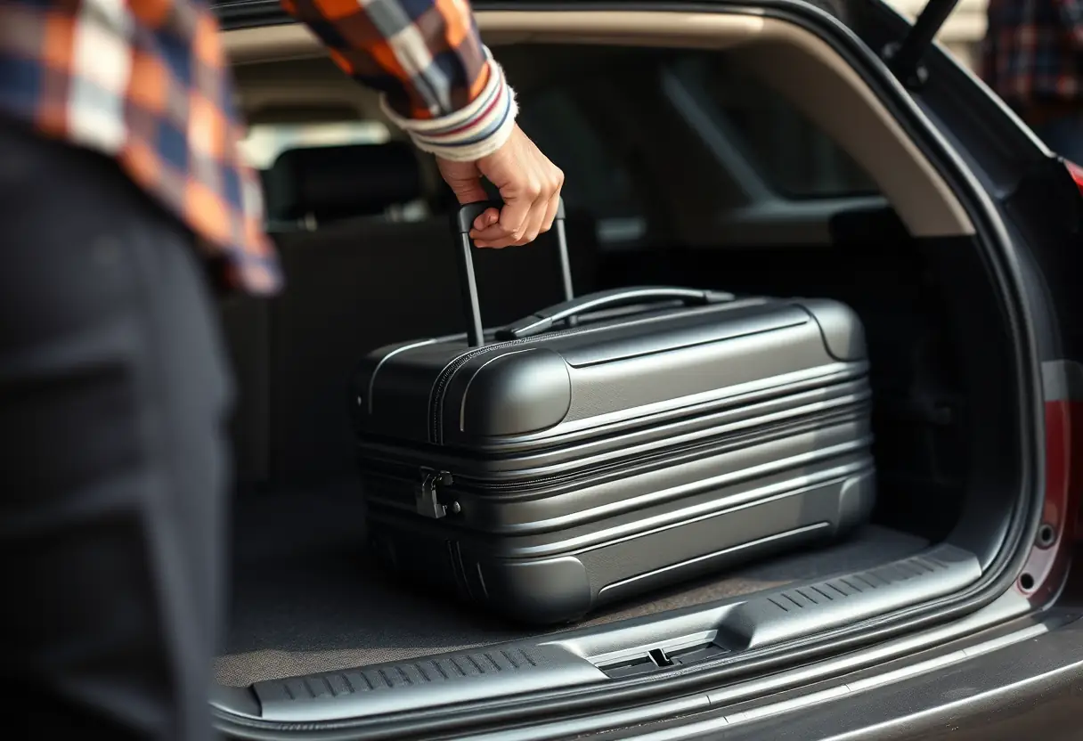 La main d'un voyageur pose une valise moyenne dans le coffre de sa voiture.