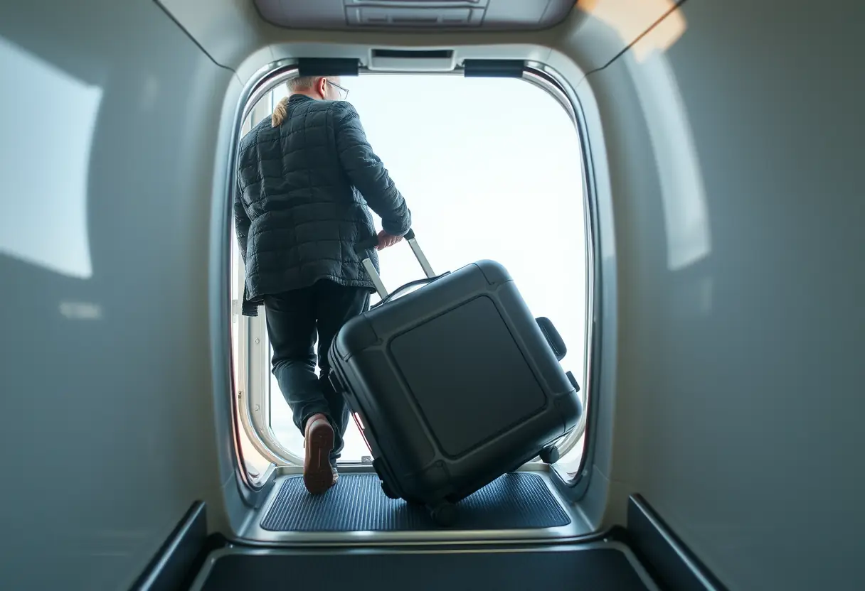 Un voyageur place une valise rectangulaire moyenne dans la zone de chargement de l'avion, visible à travers un sas partiellement ouvert