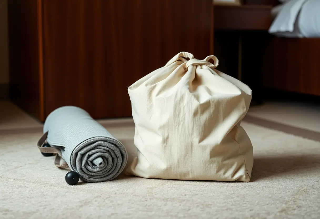 Un grand sac en tissu posé à côté d'une valise roulée dans une chambre d'hôtel, le sac est ouvert à moitié, révélant des vêtements pliés avec soin à l'intérieur
